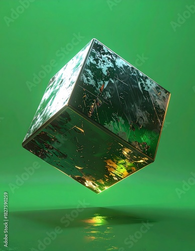 Wallpaper Mural Metallic cube, levitating over a reflective green surface Torontodigital.ca