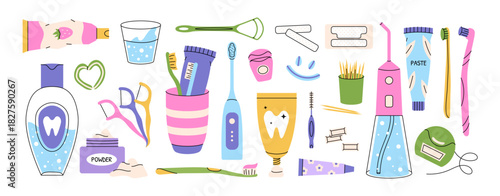 Dental care set with toothbrushes, toothpaste, flossers, mouthwash, dental tools and hygiene accessories. Modern elements for oral care designs, medical branding and kids education