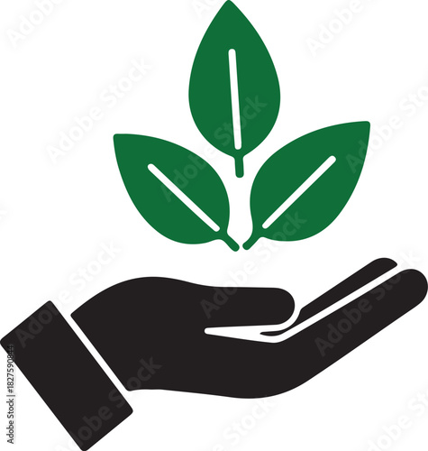 Nature & sustainability icon eco hand with leaves. Symbol for natural ingredients, organic farming, environmental care, or green product branding.