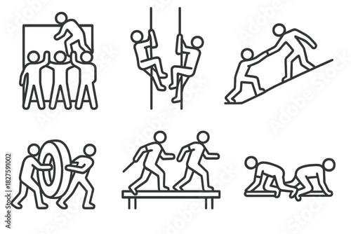 Teamwork OCR Icons. Line style icons of team OCR strategies: group lift over wall, synchronized rope climb, helping hand up slope,
