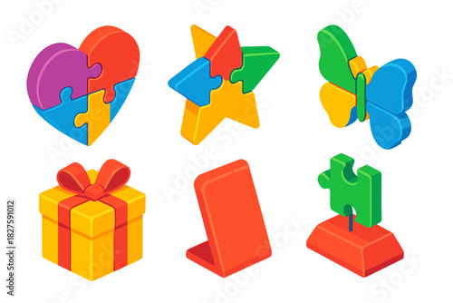 Colorful Jigsaw Icons. Isometric vector illustration set Puzzle pieces – jigsaw heart, jigsaw star, jigsaw butterfly; themed