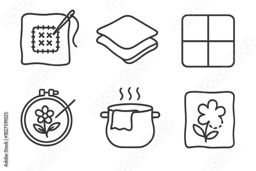 Upcycling Icons. Line style icons of upcycling techniques: visible mending, fabric layering, color blocking, embroidery overlay,