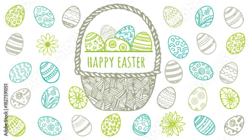 Charming and whimsical flat vector illustration of an easter bunny with colorful eggs perfect for spring holiday designs and festive celebrations