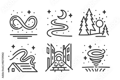 Nighttime Line Icons. Line style icons of nighttime compositions: starry background light painting, moonlit swirl path, dark