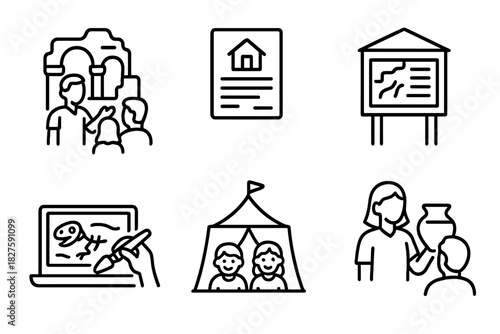 Field School Outreach Icons. Line style icons of public outreach from field schools: guided site tour, community open day flyer,