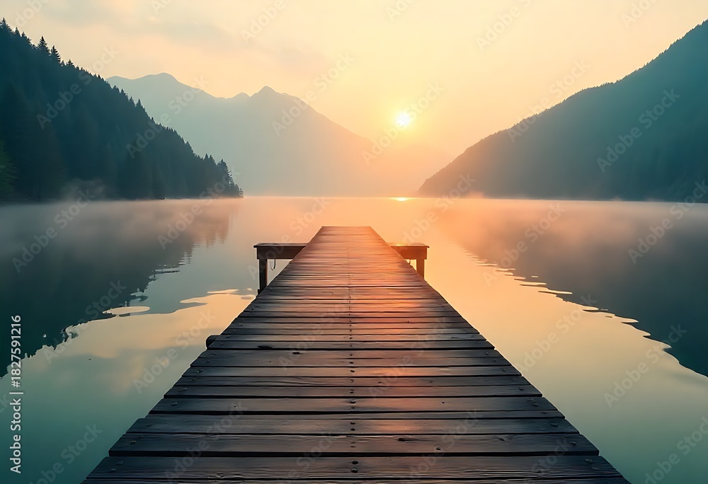 Fototapeta premium A serene wooden pier stretches over calm lake at misty sunrise, surrounded by mountains, forest silhouettes, soft fog, tranquil water, peaceful nature and morning light.