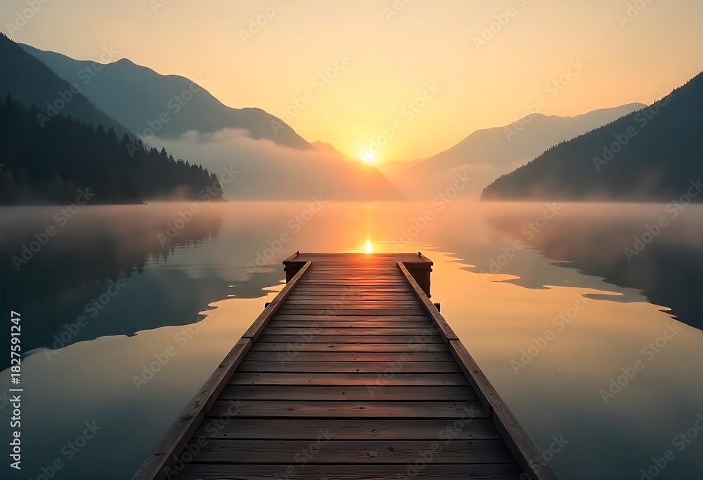 Fototapeta premium A serene wooden pier stretches over calm lake at misty sunrise, surrounded by mountains, forest silhouettes, soft fog, tranquil water, peaceful nature and morning light.