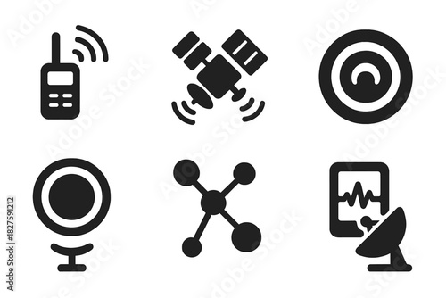 Aerospace Communication Icons. Solid style icons of aerospace communication tools: radio link glyph, satellite feed icon, wave