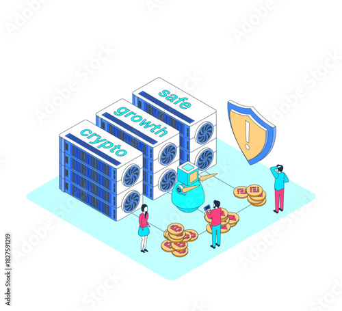 Cartoon Color Mining Crypto Currency Finance Concept 3d Isometric View Line Elements. Vector illustration of Cryptocurrency Technology