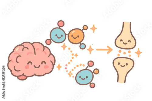 Happy Brain Connections. Adorable doodle medication interaction illustration with smiling brain regions, cartoon molecules