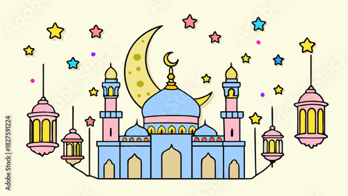 Illustration of a mosque with crescent moon stars and lanterns in pastel colors design style