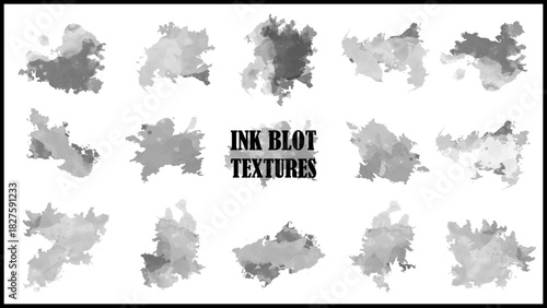 Set of black ink blot, splatter and drip textures isolated on white background.
