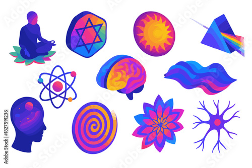 Psychedelic Science Icons. Isometric vector illustration set Psychedelic Science: inner consciousness, atom molecule bonds,