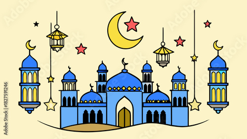 Illustration of a blue mosque with crescent moon stars and lanterns on a light yellow background