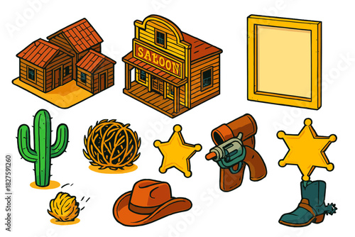 Wild West Icons. Isometric vector illustration set Comic book elements – wild west town, saloon façade, wanted poster frame;