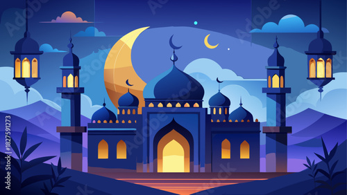 Illustration of a mosque with crescent moon and lanterns against a night sky background scene