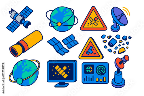 Space Debris Icons. Isometric vector illustration set Space Debris: satellite wreck fragment, orbital loop map, collision warning