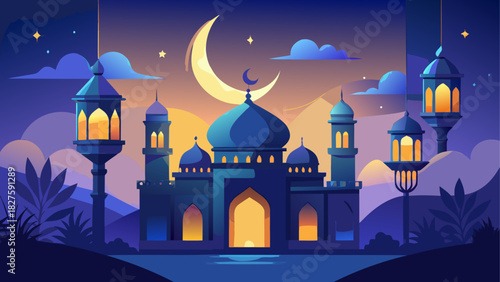 Illustration of a mosque at night with a crescent moon and illuminated lanterns in blue tones