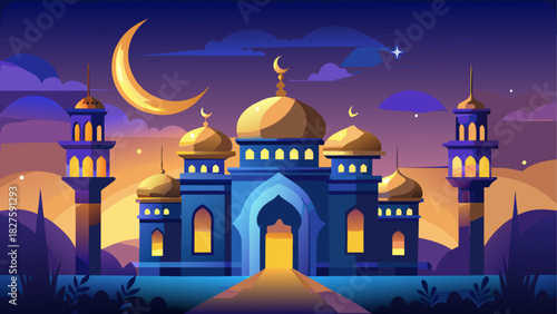 Illustration of a grand mosque at night with a crescent moon and stars in the sky above it all