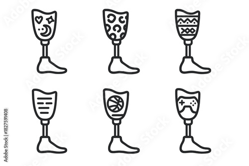 Personalized Prosthetic Designs. Line style icons of prosthetics as personal expression: symbol-engraved limb, favorite animal