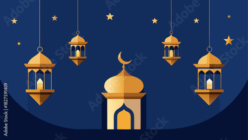 Illustration of a mosque with lanterns and stars on a dark blue background for ramadan kareem theme design