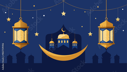 Illustration of ramadan kareem with lanterns, crescent moon, mosque and stars on a blue background