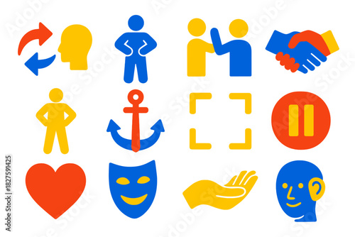 Psychological Tactics Icons. Flat vector icons of psychological tactics: persuasion arrows, body language posture, mirroring