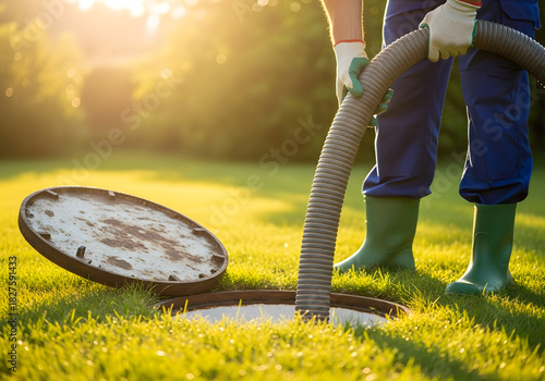 Worker pumping septic tank with hose in grassy field at sunset