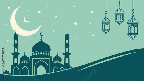 Silhouette of a mosque with minarets under a crescent moon and hanging lanterns in a starry sky scene