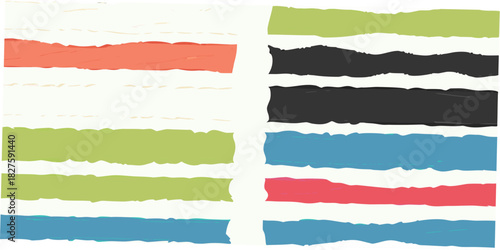 Abstract art featuring torn paper strips in various bright colors