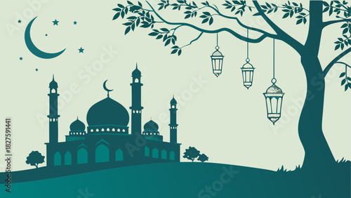 Silhouette of a mosque with crescent moon, stars, tree, and hanging lanterns in a serene night scene