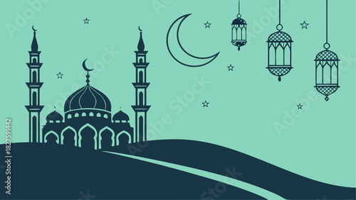 Silhouette of a mosque with minarets and hanging lanterns against a light green background at night