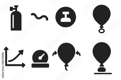 Balloon Inflation Icons. Solid style icons of balloon inflation stages: gas cylinder glyph, tether rope icon, nozzle badge. Lift