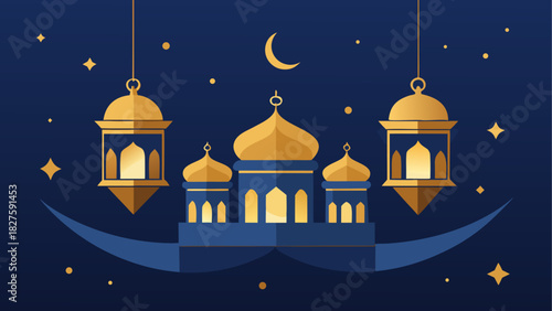 Illustration of a mosque with hanging lanterns, a crescent moon, and scattered stars in the night sky