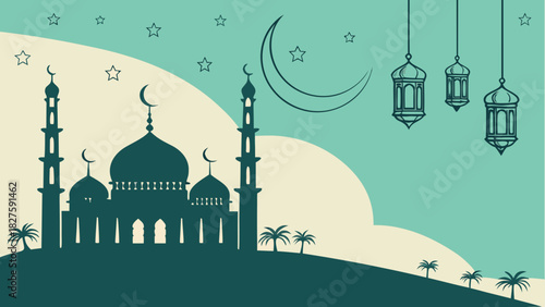 Silhouette of a mosque with minarets, crescent moon, stars, and hanging lanterns on a green background