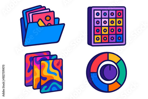 Generative Art Icons. Isometric vector illustration set Generative Art Process: Data training folder, style matrix grid, rendered