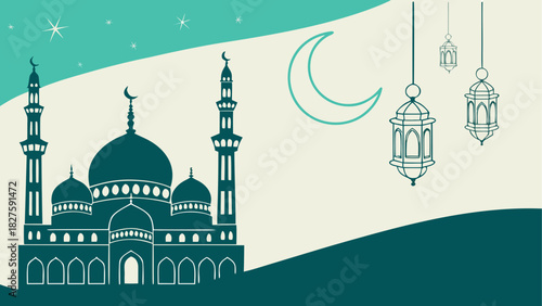 Illustration of a mosque with crescent moon stars and lanterns in teal and cream color scheme design