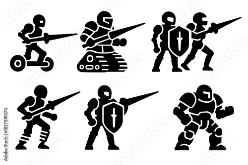 Jousting Robot Icons. Solid style icons of jousting robots design: wheeled robot with lance, tracked bot in armor, bipedal droid