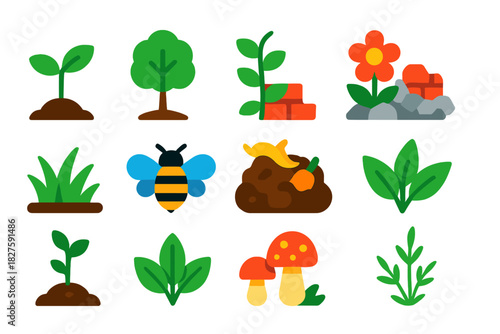 Green Renewal Icons. Flat vector icons of Green Renewal: seed sprout, young tree, cracked earth with plant, vine on wall, flower
