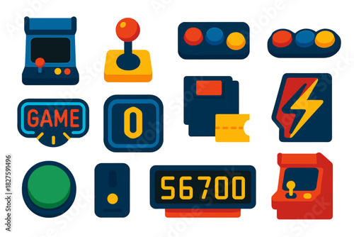 Retro Arcade Icons. Flat vector icons of Forgotten Arcade Machines: CRT cabinet, joystick, coin slot, arcade buttons, neon sign,