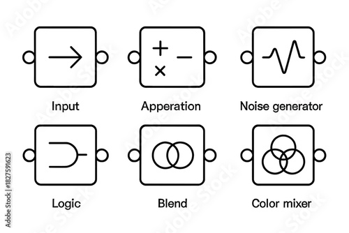 Visual Scripting Nodes. Line style icons of visual scripting nodes: input-output node, math operation node, noise generator node,