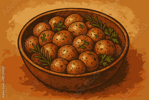 Herb-Roasted Baby Potatoes. Rustic bowl of roasted baby potatoes garnished with herbs, rich vector illustration earthy tones,