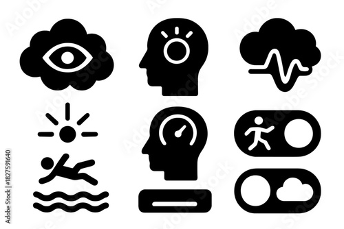 Lucid Dreaming Icons. Solid style icons of lucidity enhancement: open eye in dream cloud, clear mind symbol, lucid sleep wave.