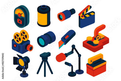 Vintage Film Icons. Isometric vector illustration set Analog Film: vintage light meter with dial, labeled film canister case,
