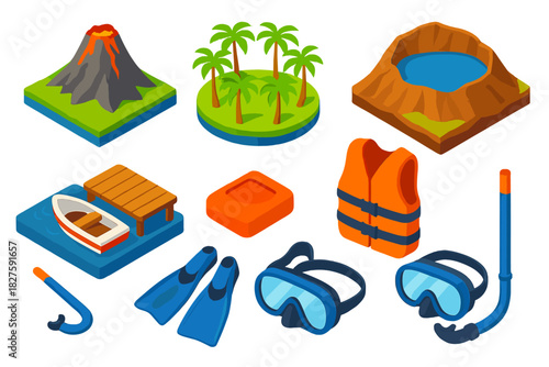 Vibrant Island Adventure. Isometric vector illustration set Mountain landscapes – volcanic island peak, palm grove ring, caldera