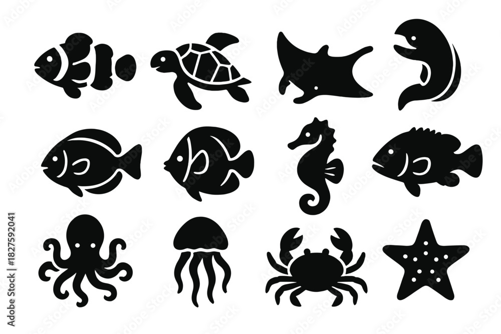 Fototapeta premium Reef Biodiversity Icons. Solid style icons of Reef biodiversity: clownfish, sea turtle, manta ray, moray eel, surgeonfish,