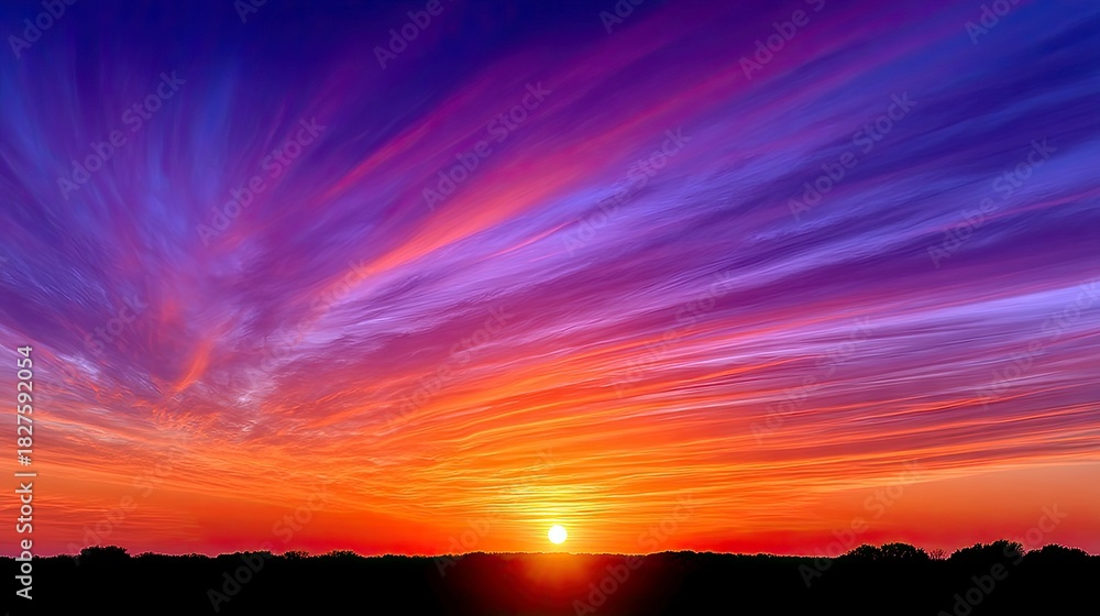 Obraz premium A vibrant sunset with streaks of orange, purple, and blue across the sky. The sun is setting behind a dark silhouette of trees.