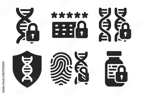 DNA Security Icons. Solid style icons of security in DNA data storage: helix with padlock, encrypted sequence, secure base pairs.