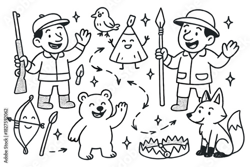Playful Hunting Scene. Playful doodle traditional hunting knowledge with happy hunters, cartoon tools and traps waving, smiling