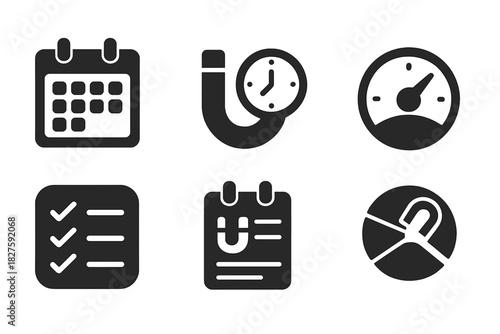 Magnet Therapy Icons. Solid style icons of magnet therapy protocols: daily use calendar, timed session icon, duration meter.